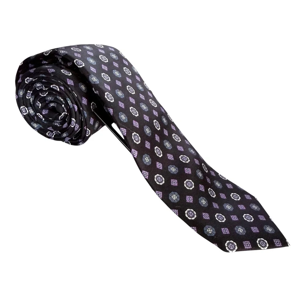 Hugo Boss‎ Mens Black Silk Tie Purple Diamond Print Narrow NWT